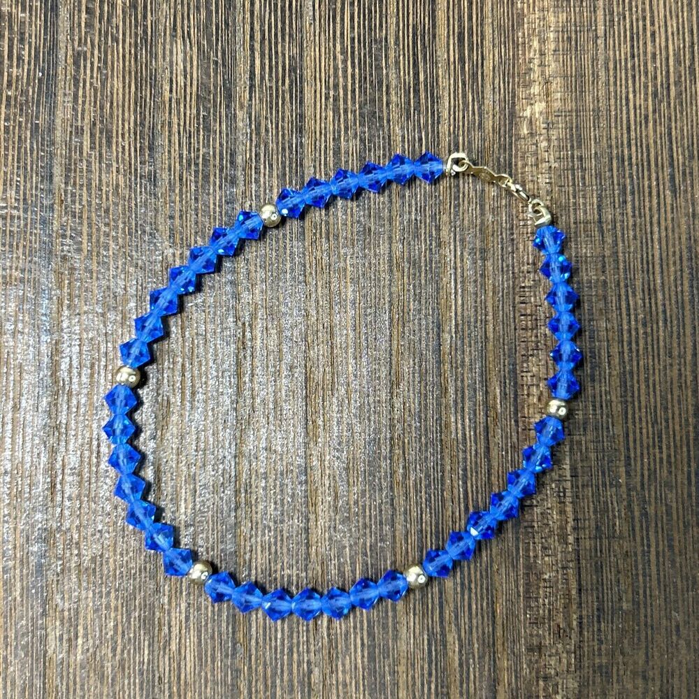 Estate Signed ELG 14K Yellow Gold Blue Crystal Bracelet Size 7"